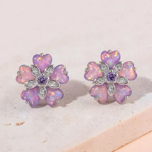 925 Sterling Silver with Purple Fire Opals and Purple Topaz Flower Stud Earrings